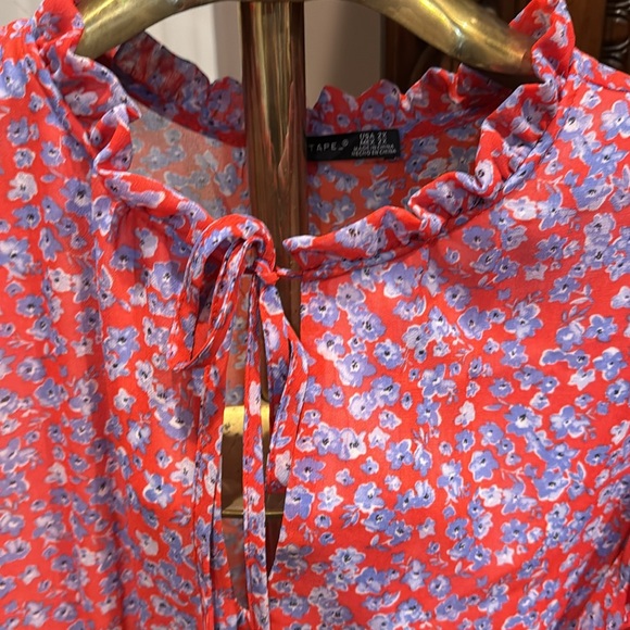 Black Tape  Pink Dress with Blue and Periwinkle Flowers, Flutter Sleeves - Picture 2 of 4